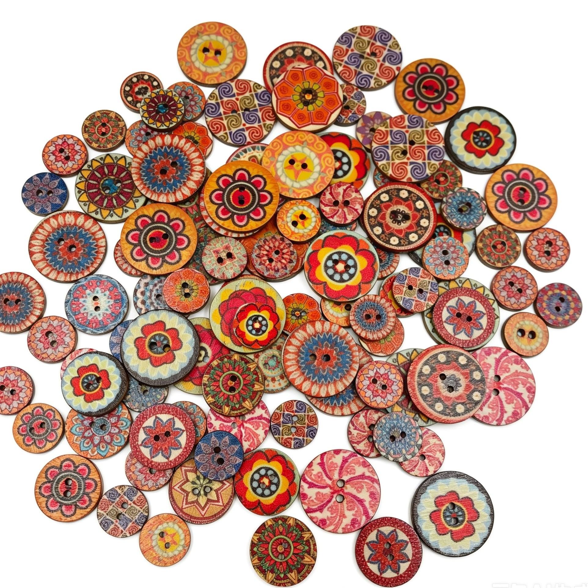 Bohemian Wood Buttons 50pcs, Vintage Floral Print, Handmade DIY Crafts, Home Decor, Jewelry Making, Scrapbooking, Wall Art