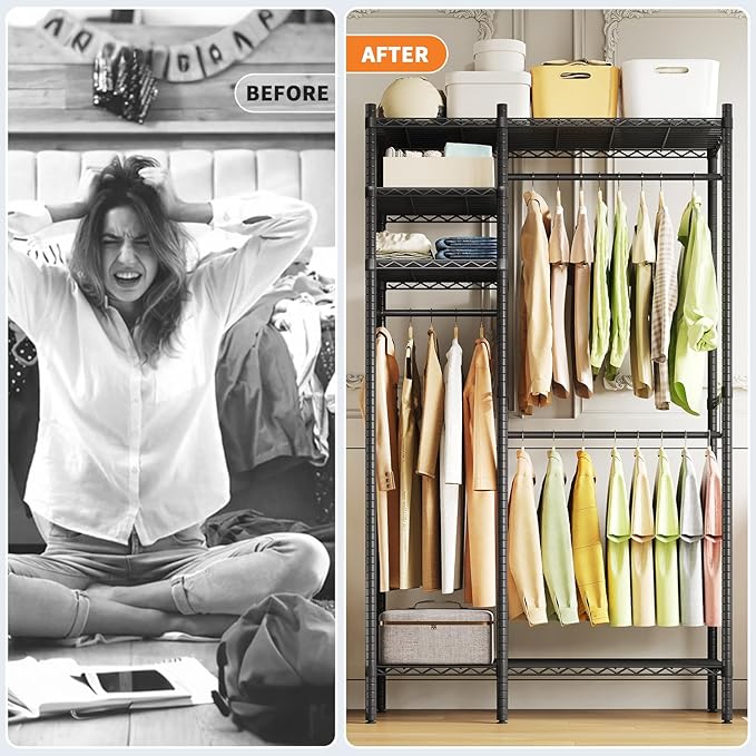 Clothing Racks for Hanging Clothes,Heavy Duty Clothes Rack with Shelves,Portable Closet Racks 4 Tiers Freestanding Closet Wardrobe System, Max Load 850 LBS