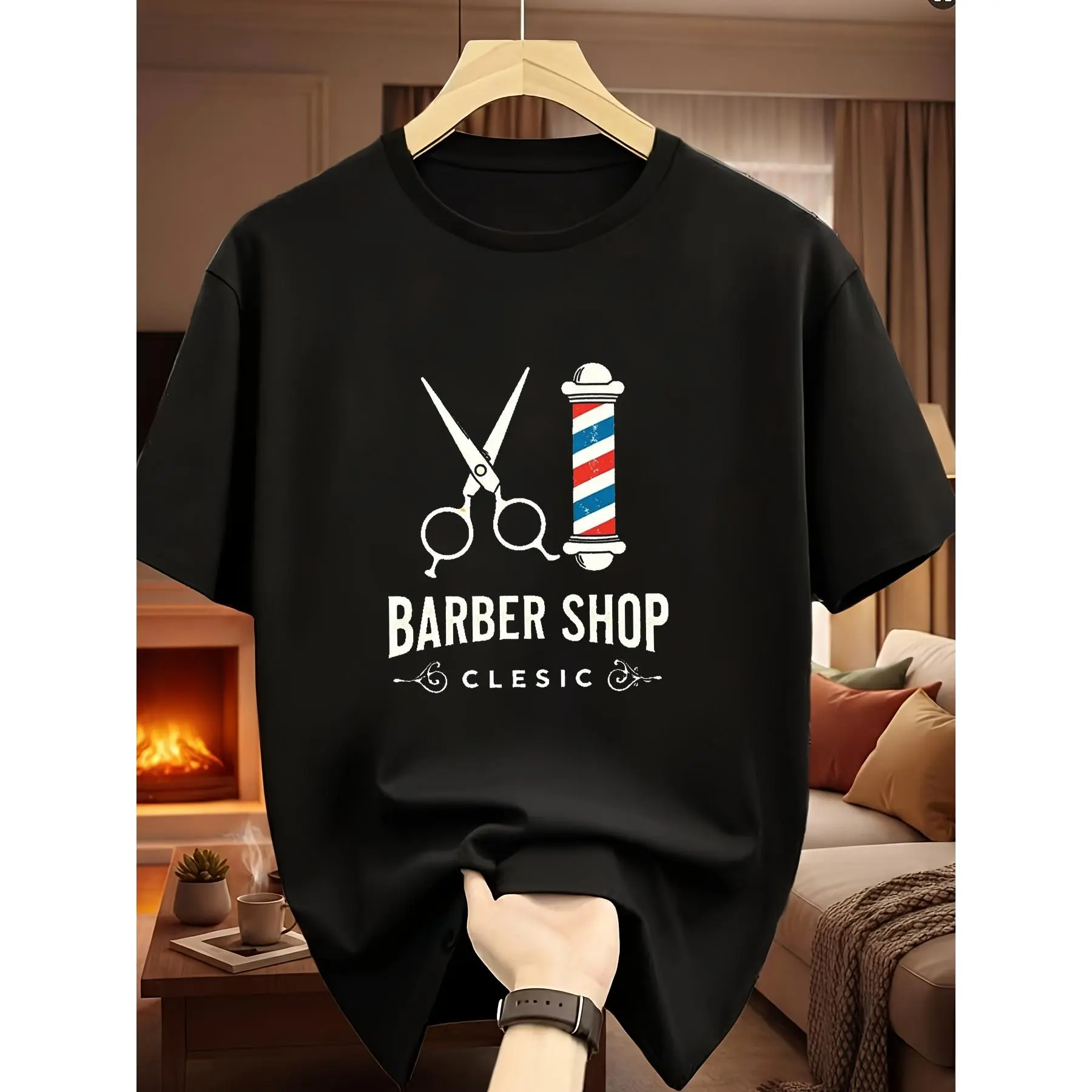 Vintage Barber Shop Graphic T‑Shirt Classic Hairdressing Scissors And Barber Pole Print Crew‑Neck Loose‑Fit Casual Short‑Sleeve Top Retro Hairstylist Daily‑Wear Tee