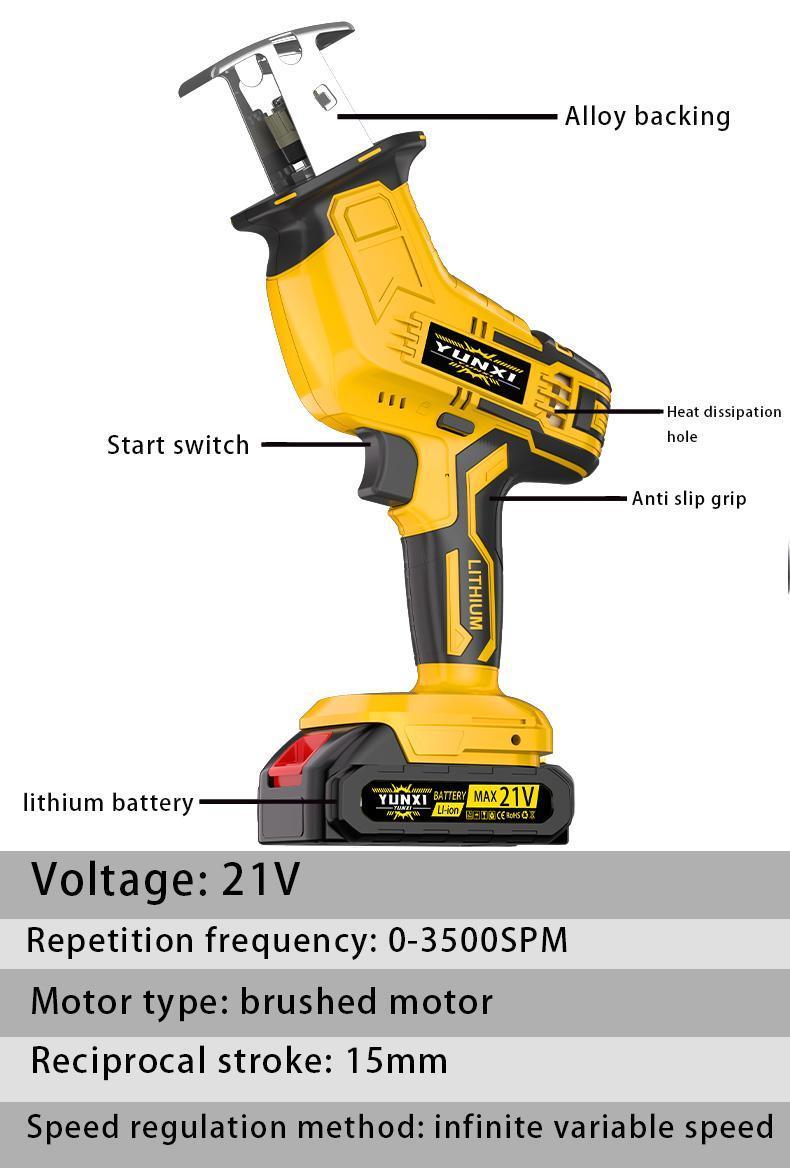 YUNXI reciprocating saw Lithium-ion battery powered cordless saw, cordless saw blade, cordless reciprocating saw, suitable for home and outdoor use, for cutting trees, PVC, thin wood panels and soft metal.