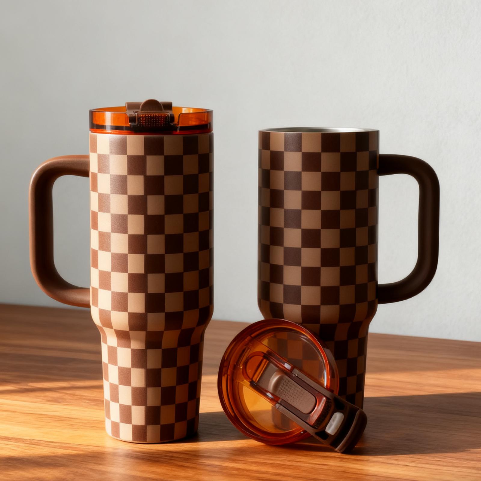40oz Insulated Mug, Insulated Travel Drinkware, Brown Plaid Design, Leakproof Tumbler, Large Capacity Double Wall Leakproof Mug with Handle, Keeps Hot 12 Hours Cold 24 Hours, Hot Cold Drinks, Valentine's Day Mother's Day Gift #GLOBAL PICKS