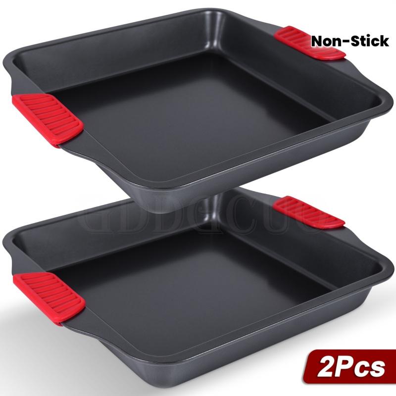 2-Piece Non-Stick Bakeware Set, Carbon Steel Baking Pans with Heat-Resistant Red Silicone Handles, ,Cookie Sheets, Baking Trays, Black
