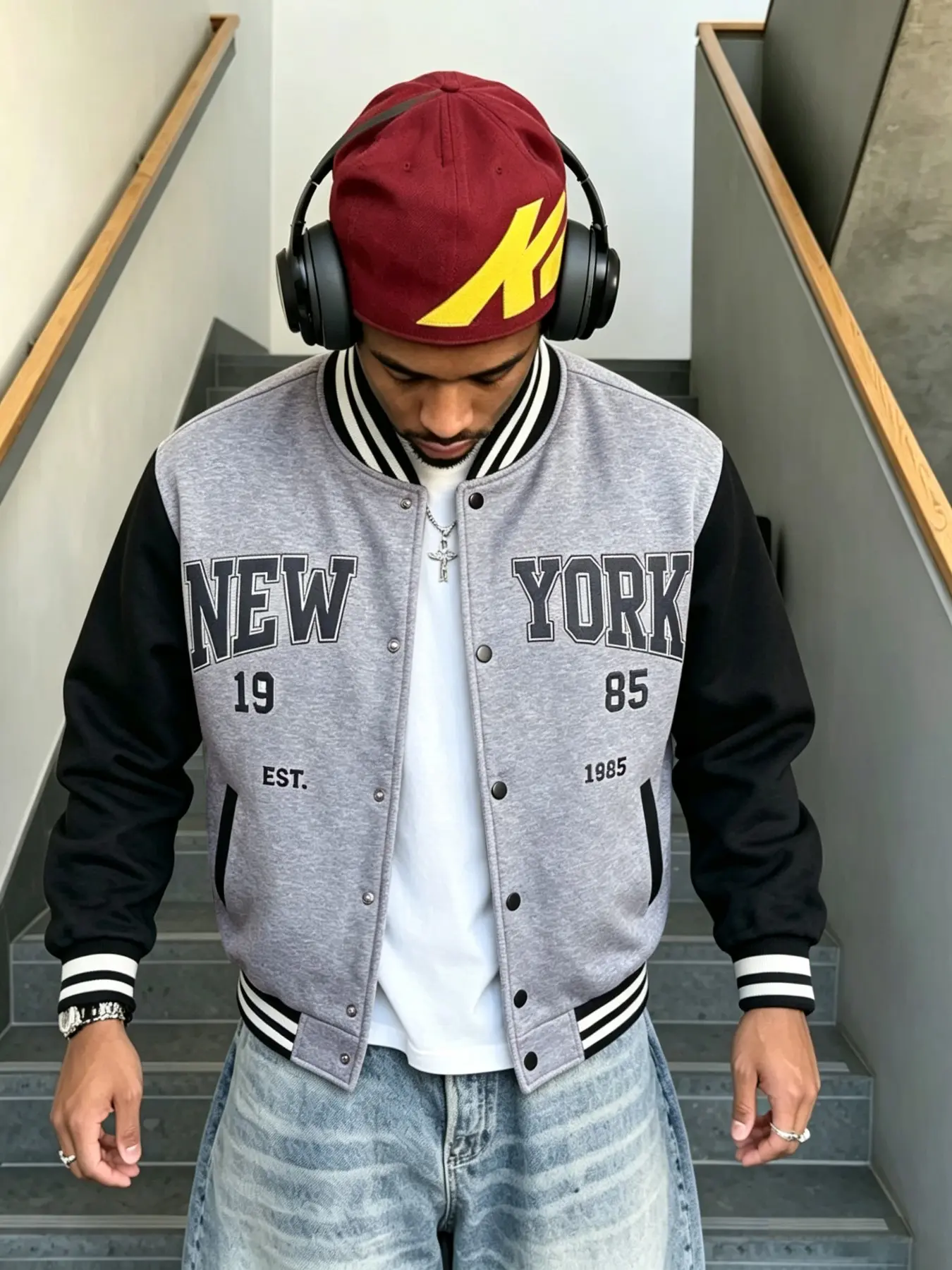 Men's New York Letter Print Color-Block Varsity Jacket, Long Sleeve Fitted Baseball Jacket, Casual Streetwear Outerwear Coats