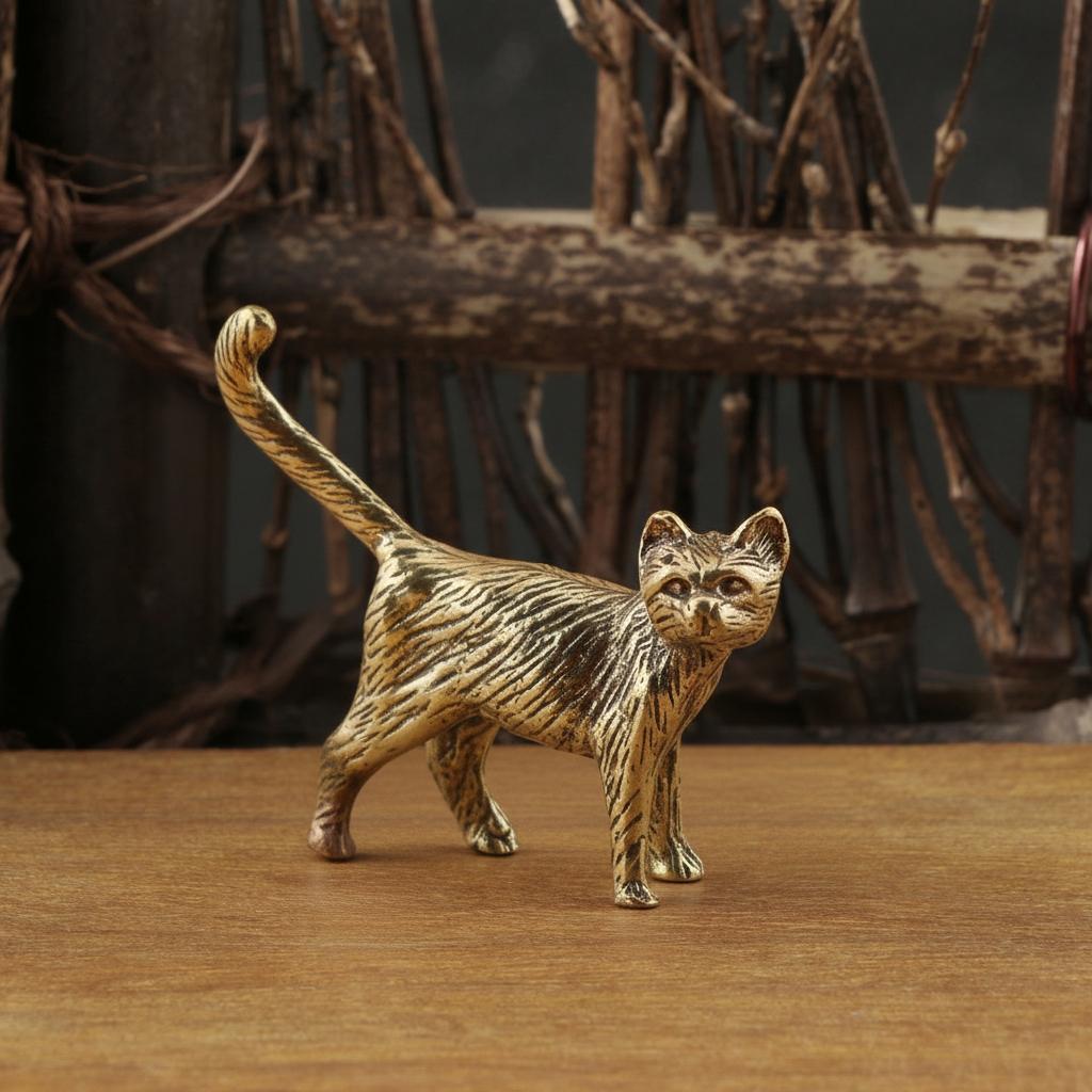 Two-Piece Brass Animal Statues, Vintage Style Goat and Long-Tailed Cat Figurines, Desktop Decor, Lucky Charm, Stress Relief Gift, Home Office Decoration