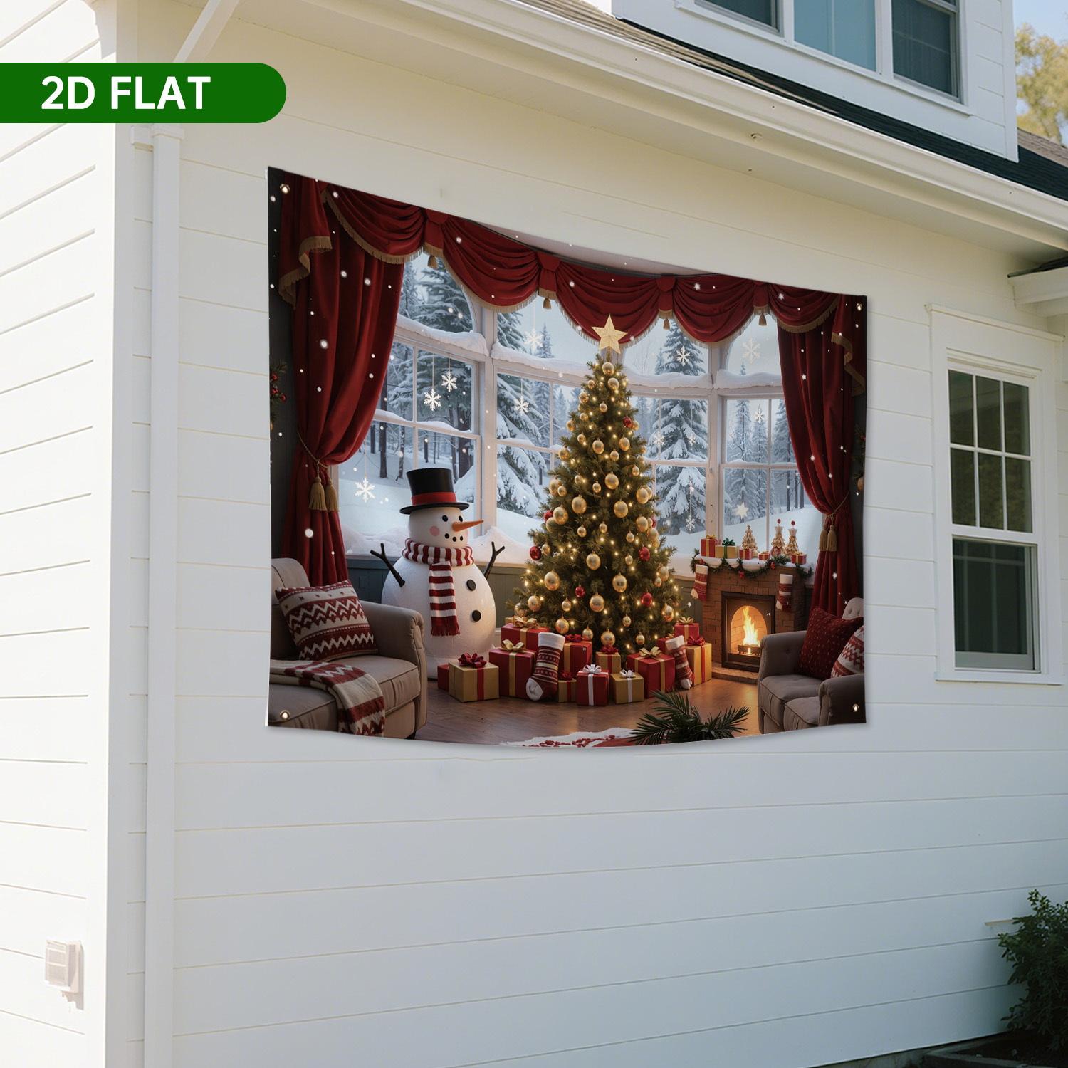 Christmas Theme Background Banner, Durable Polyester, Festive Home Decor, Tree with Bells, Gifts, Snowman, Fireplace, Party Decoration