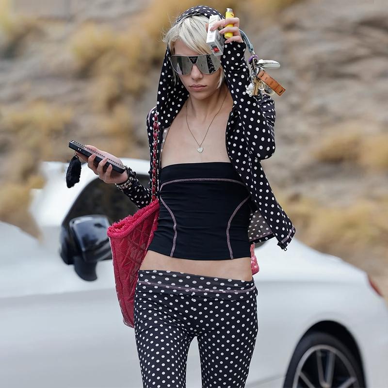 Women's Top & Pants Two-piece Set, Polka Dots Print Zipper Up Extra Long Sleeve Hooded Sweatshirt Top & Flare Leg Long Pants Sets, Casual Cut Out Sleeves Hoodies Coat Cardigan Crop Top With Bottoms Suit, Ladies Spring Fall Winter Trendy Casual Outfits