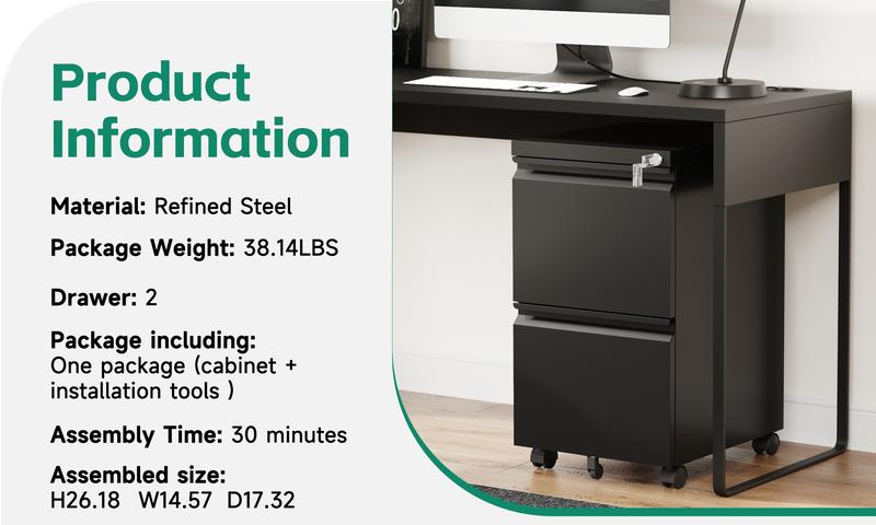 Letaya 2 Drawer Mobile File Cabinet with Lock,Under Desk Metal Filing Cabinets for Home Office Organizer Letters/Legal/A4(Required Assemble)