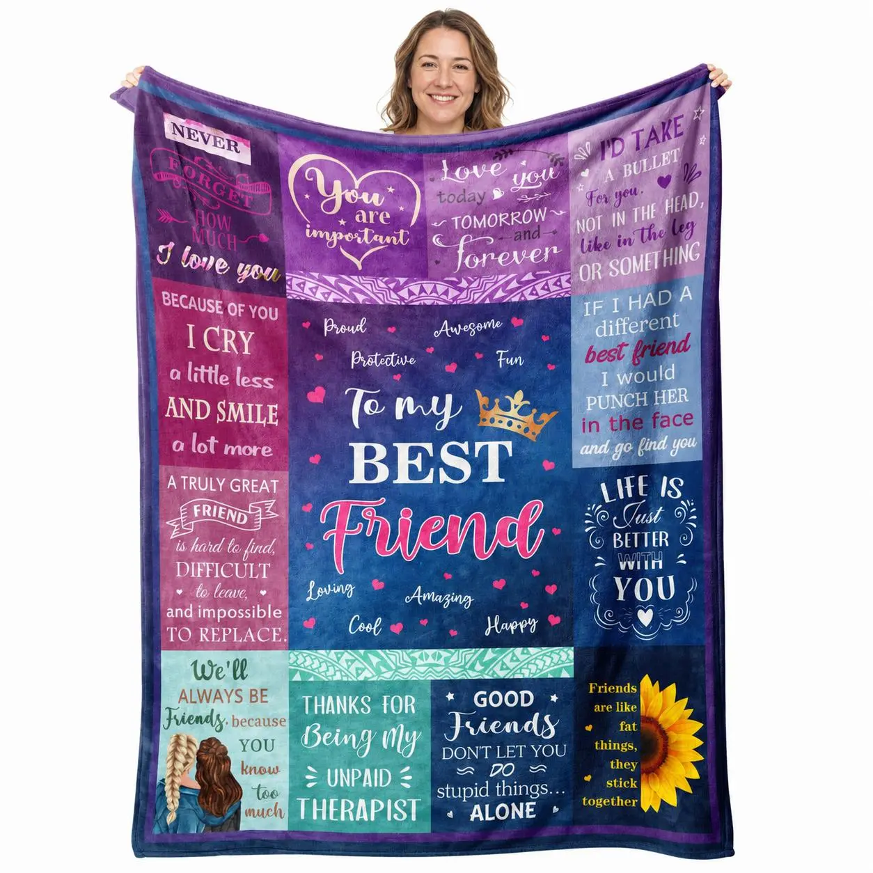 Best Friend Gift Blanket – Funny Friendship Quotes Soft Flannel Throw Blanket, Heartwarming Bestie Gift for Women, Birthday Christmas Friendship Gifts for Her