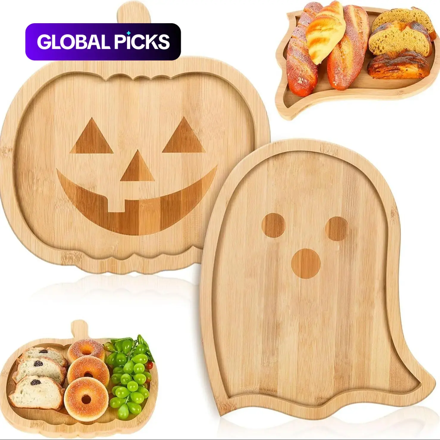 2-Piece Halloween Pumpkin and Ghost-Themed Charcuterie Set, Bamboo Cheese Platter, Appetizer Board, Party Plates, Holiday Plates, Home Party Tableware, Perfect for Serving Cheese, Fruit, Snacks, and More. A Festive Housewarming Gift, Wooden Snack Plates.