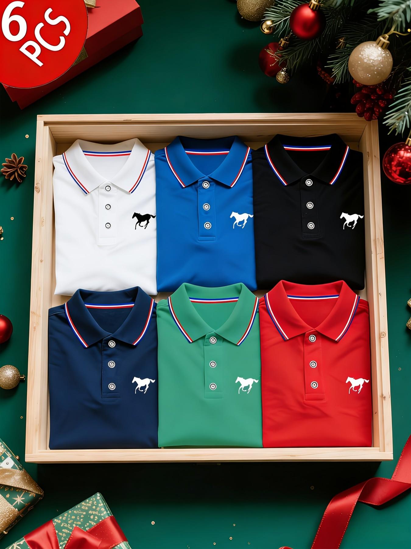 Men's Polo Shirt Set, Casual Fashion Home Wear, Solid Color Fitted Short Sleeve Horse Print, Contrast Collar, Breathable Daily/golf Shirts