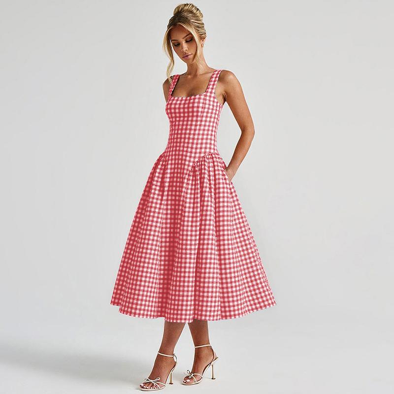 Plaid A-Line Midi Dress for Women's Summer Outfit Adjustable Strap Bodycon Top Flared Hem Casual Elegant Beach Holiday Party Club Dating Dresses