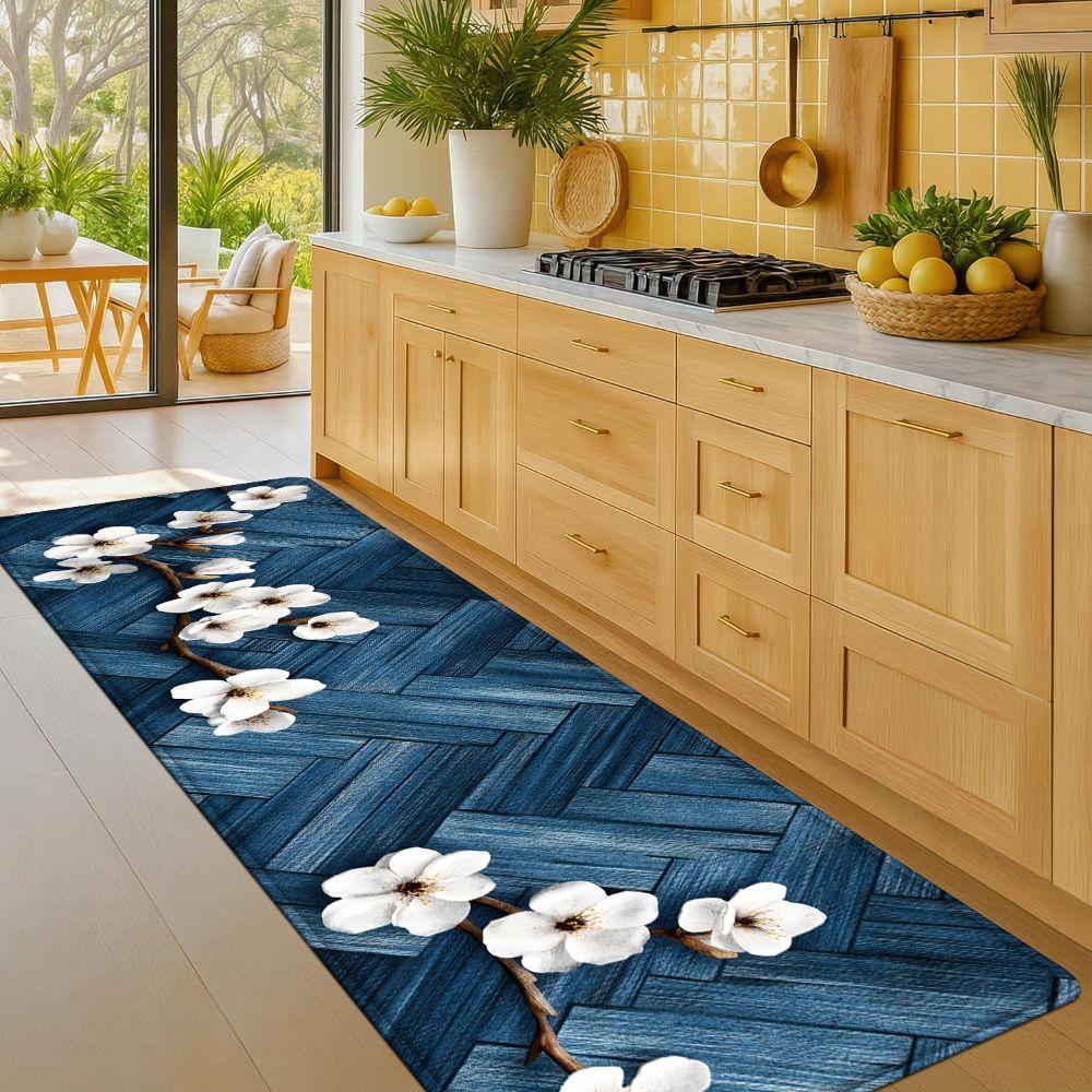 1PC， Blue and White Magnolia Branch Pattern strip rugs, home décor, bathroom mats, entryway mats, bathroom non-slip mats, indoor entrance rugs, bedroom bedside mats, kitchen mats, hallway rugs, flannel sponge rugs, hallway runner rugs