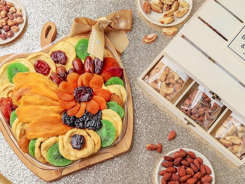 Bonnie & Pop Unisex Foldable Wooden Transformable Tray - Dual Gift with Dried Assorted Snacks, Holiday Home Supplies for Christmas, Corporate Gifting (Folds Into a Basket, All Ages Suitable)