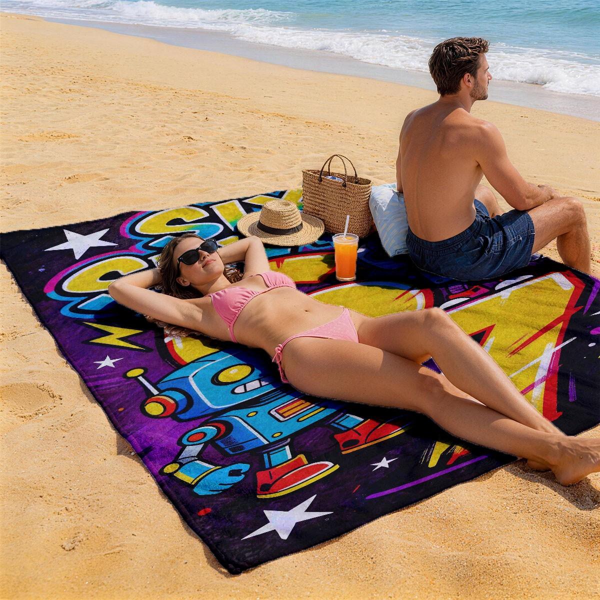 A Number 67 Robot Graffiti Trendy Printed Beach Towel - Oversized, Skin-friendly, Absorbent and Quick-drying, Perfect for Beach and Pool Leisure, Ideal for Summer Trips - Suitable for Seaside Vacations, Pool Parties and Outdoor Picnics Quick Drying Towels