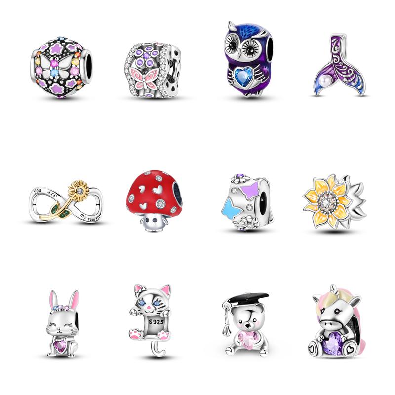 Animal and Plant Charm Beads - 925 Silver and Enamel, Nature Style Bracelet and Necklace Charms for Women and Girls, Cute Animal and Flower Beads Fit All Pandora Bracelets and Necklaces