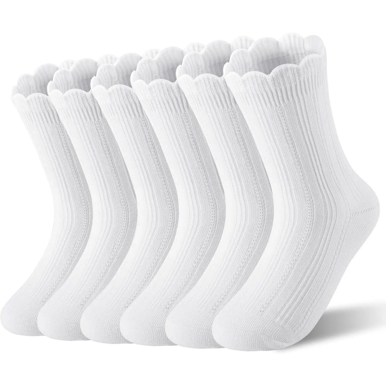 6 Pairs Girls Cotton Ruffle Toddler Uniform Crew Socks Size 2-10 Years(Gift)
