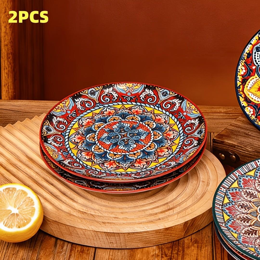 2-Piece 8.07-Inch Ceramic Plate Set, Boho Style Kitchen Diningware, Creative Home Tableware, Fruit Bowl, Steak Plate, Shallow Round Plates