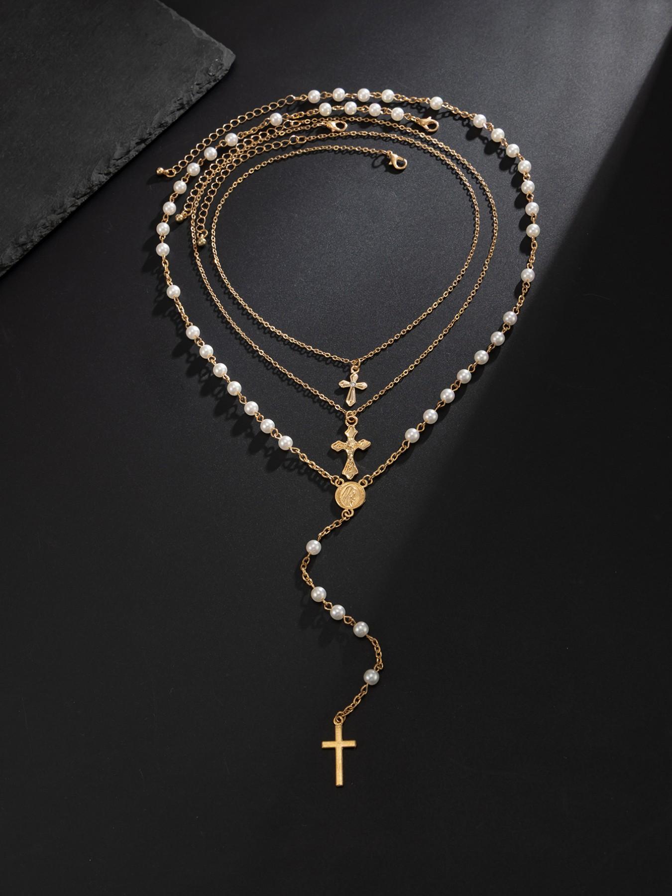 3-Piece Retro Punk Metal Cross Pendant Y-Chain Necklace Set, Men's Hip-Hop Fashion Artificial Pearl Beaded Multi-Layer Necklace