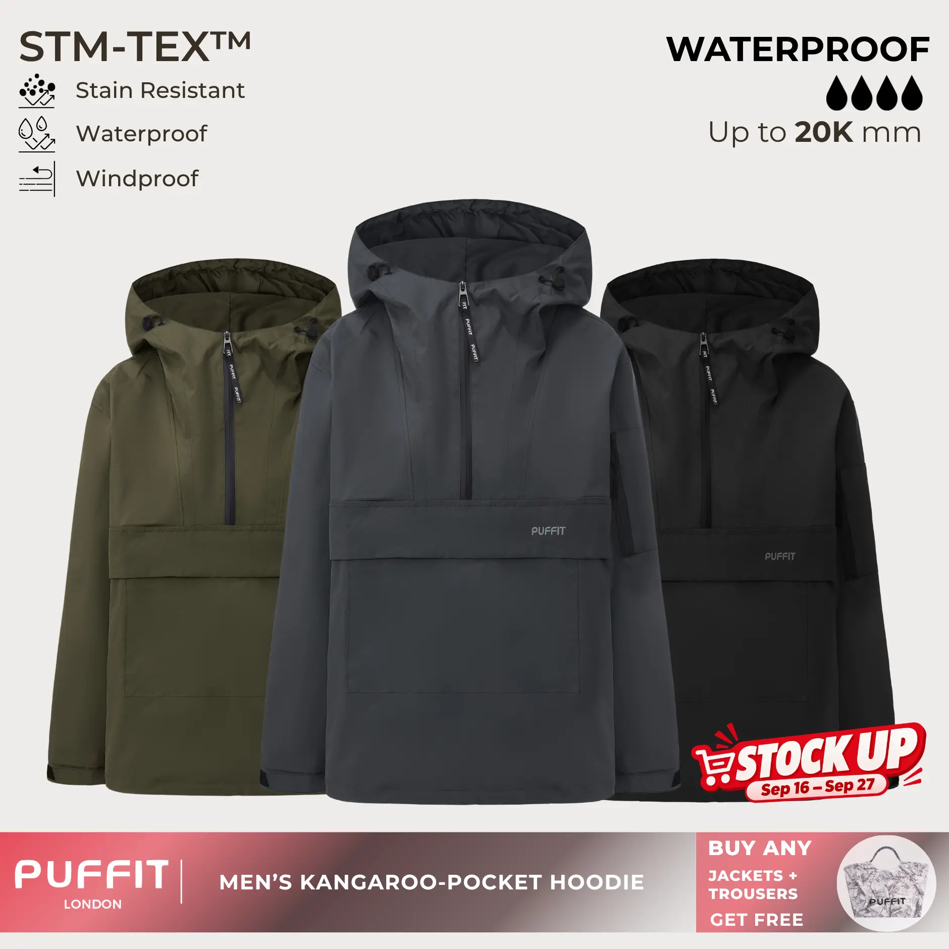 PUFFIT STM-TEX Men's Hooded Rain Jacket High-density,High-twist Fabric,Offering Waterproof,Stain-resistant,Windproof Properties,Shell Jacket,Ski Jacket,Windbreaker,Dog Walking,School Running,Fall & Winter Jacket,2026 Shopping