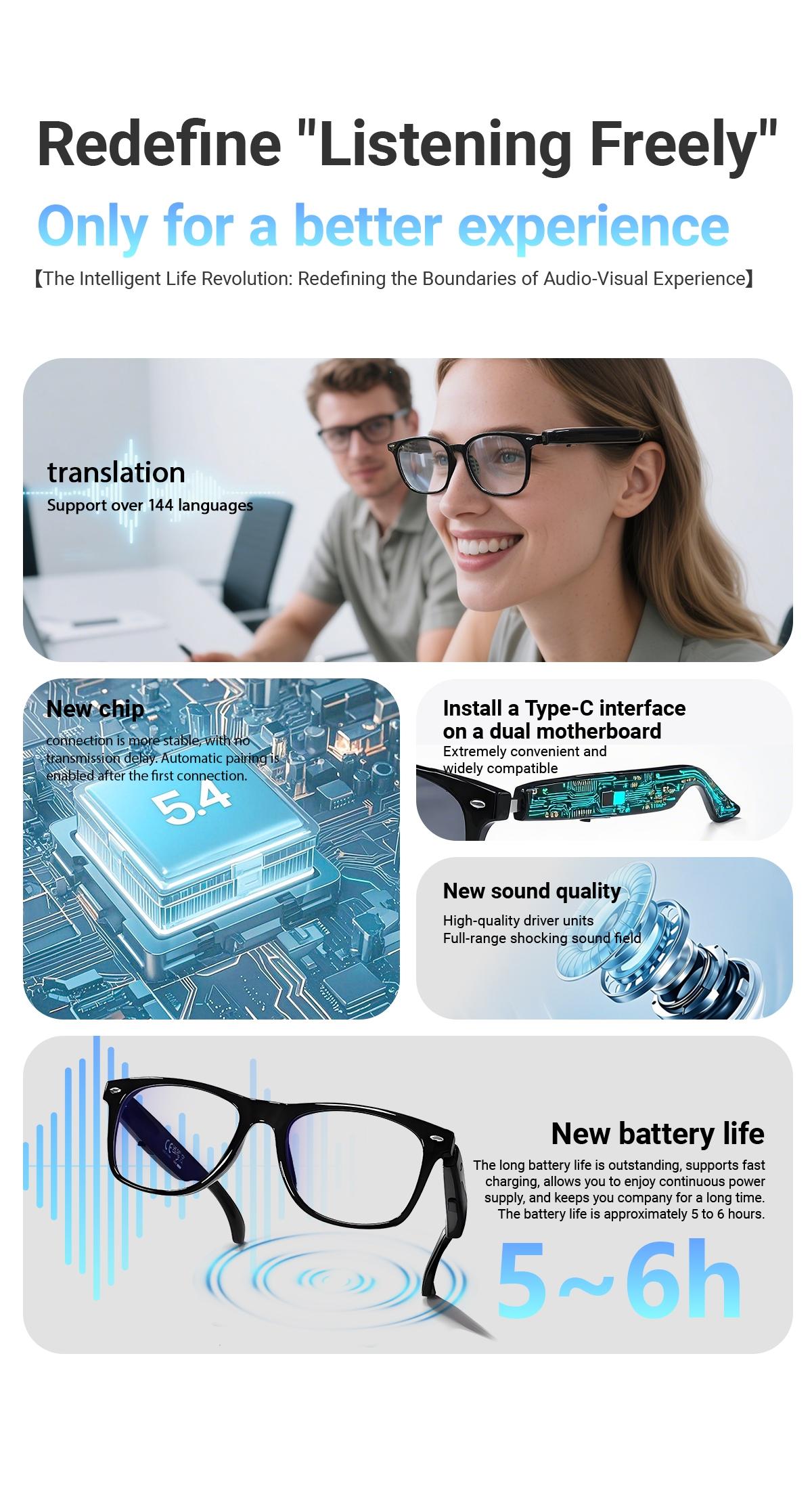 Koipsse smart glasses,translation-enabled, advanced technology, diverse functions, excellent sound quality, support for voice calls, rapid Bluetooth pairing, a large battery capacity, and long battery life. a perfect gift choice and a very cool accessory