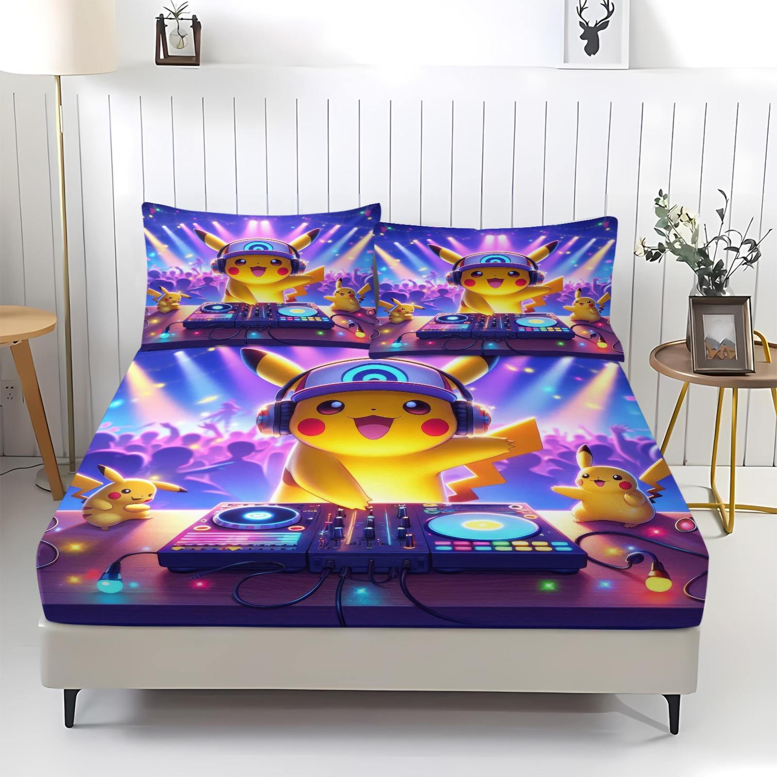3-Piece Pikachu Pattern Fitted Sheet Set, Soft And Durable Bedding Set Includes 1 Piece Flat Sheet And 2 Pieces Pillowcases, Daily Holiday Birthday Gift Bedroom Decorations For Kids And Adults