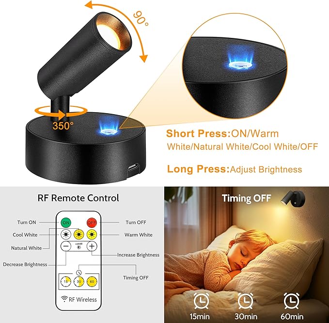 2 Pack Wireless Spot lights Indoor, Rechargeable Uplighting Indoor with Timer＆Dimmable, 3CCT Tree Lights Indoor Battery Operated, LED Spotlight Accent Up lights Indoor for Plant, Artwork, Plant -White