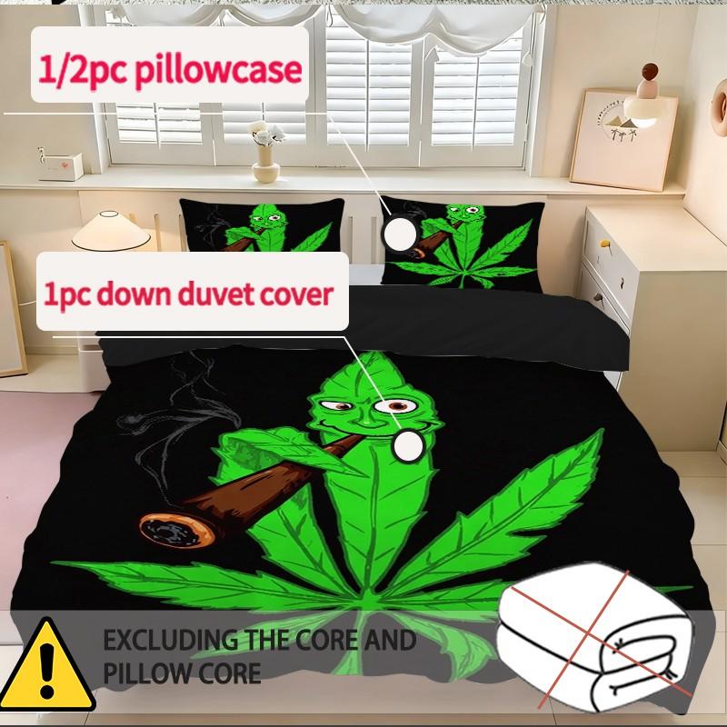 2 or 3 Piece Hemp Leaf Lucky Animal Print Set, Includes 1 Bedspread and 1 or 2 Pillowcases, Soft Bedroom Decor for Kids and Adults