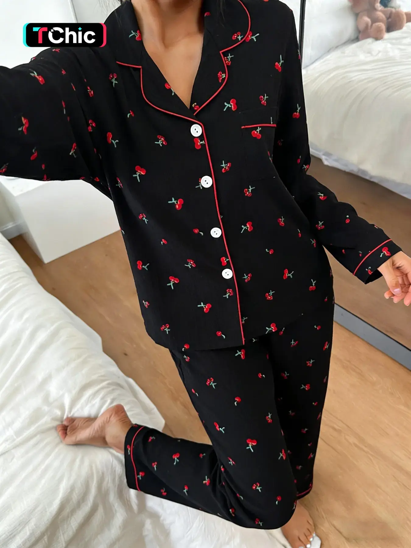 Women's Long Sleeve Pyjama Set, Cherry Print, Loose Fit, Breathable Home Wear, Casual All Seasons Sleepwear, Loungewear, Pajamas