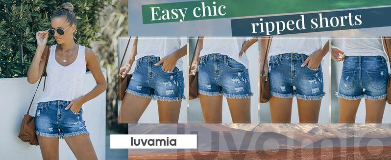 Luvamia Women's Casual Mid Rise Denim Shorts Stretch Ripped Raw Hem Jean Shorts Basic Fitted Bottom for Summer
