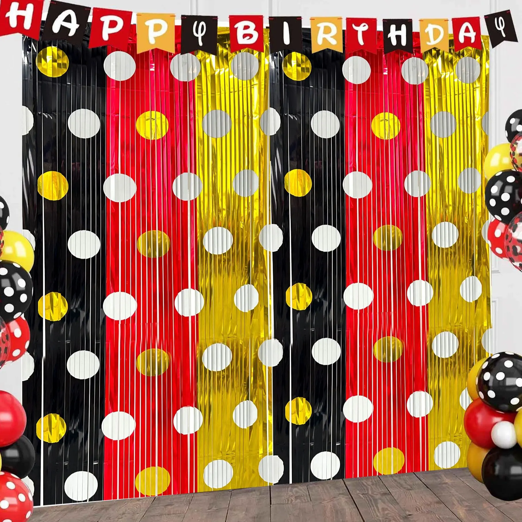 1PC Cartoon Mouse Foil Fringe Curtains, 3.3x6.6 ft Red Black and Gold/Yellow Tinsel Streamers Backdrop for Cartoon Mouse Theme Birthday Party, Baby Shower Photo Booth Props Supplies