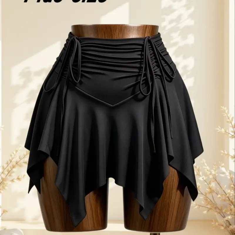 Plus-Size High-Waisted Mini Skirt with Adjustable Drawstrings and Asymmetrical Ruffled Hem, Sweet and Edgy Streetwear Style, Figure-Flattering Fit Casual Skirt for All Seasons