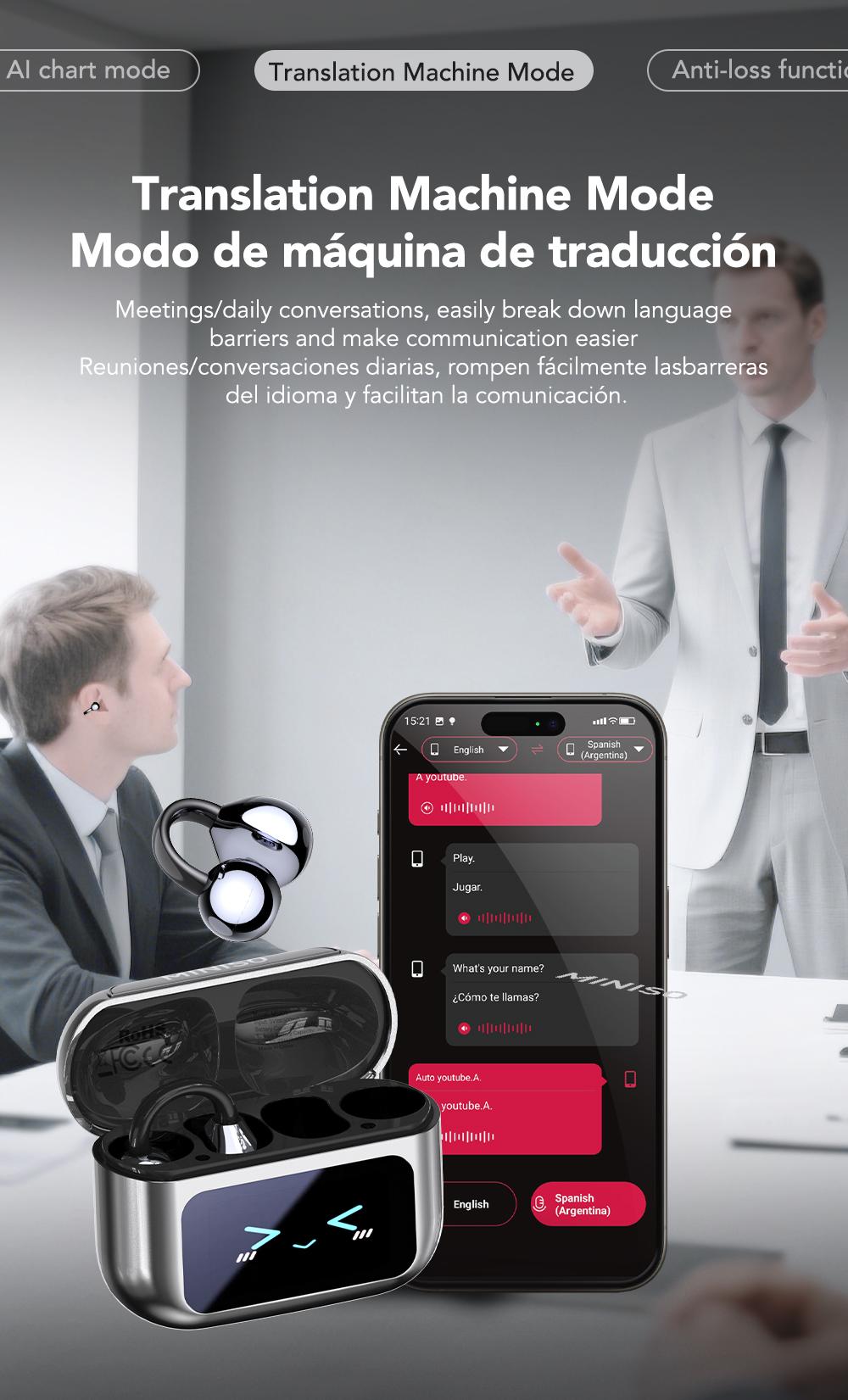 MINISO MS201 Translation Headphones, Support 134 Languages ​​Translation with APP, Clip-on Wireless Earphones, Color Touch Screen, Bluetooth 6.0, Suitable for Sports, Running and Work, HIFI Stereo Earbuds