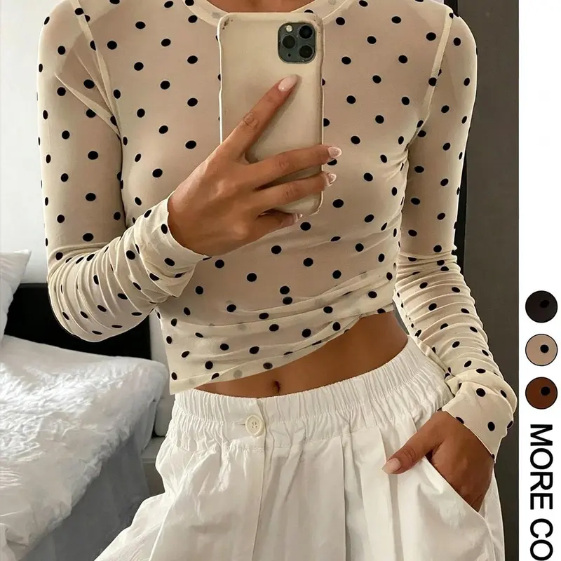 Women's Polka Dot Sheer Mesh Long Sleeve Round Neck Fitted Top, Suitable For Spring/Autumn, Knit Casual Top