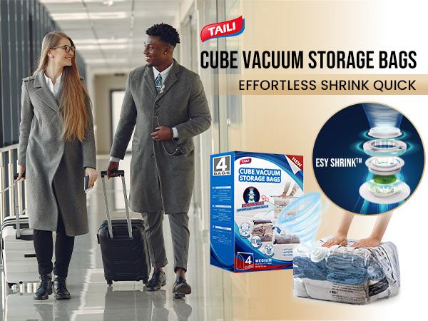 TAILI Pump-Free Travel Vacuum Storage Bags 4 Pack, Cube Medium Size (25x19x11 inch), Reusable Space Saver Compression Bags for Travel Suitcases and Luggage Organiser
