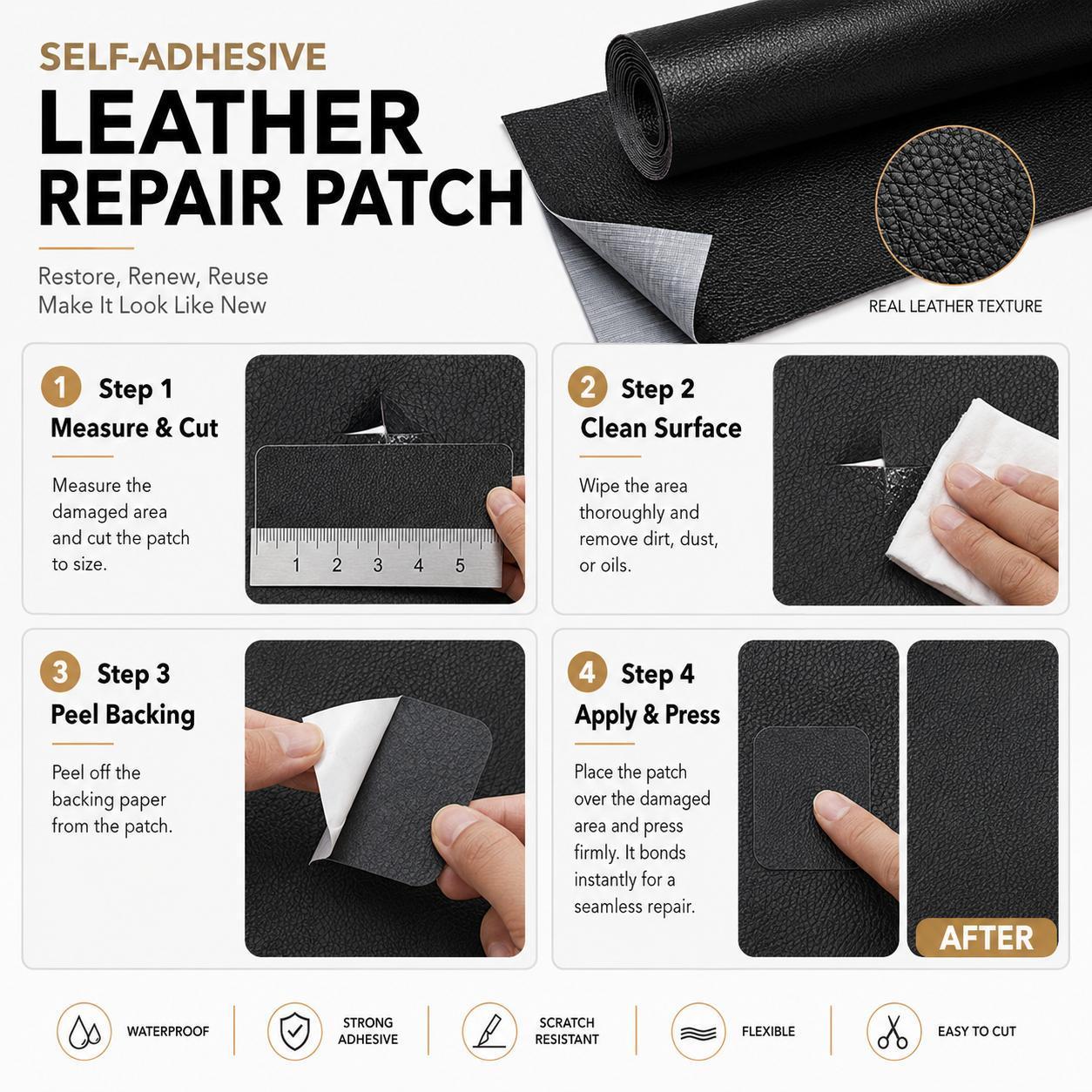 20" x 54" Self-Adhesive Leather Repair Patch, Waterproof Vinyl Repair Roll for Couch, Chair, Car Seat, Sofa & DIY Furniture Fixes