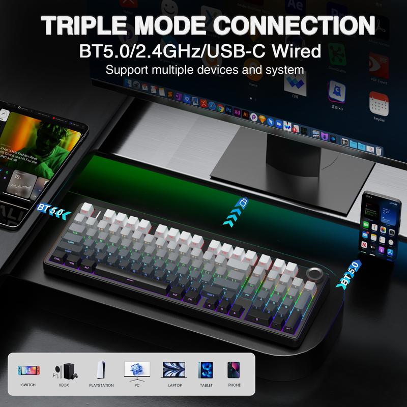 AULA F99 Pro Hot Swappable Wireless Mechanical Keyboard with Knob,Tri-Mode Connection BT5.0/USB-C/2.4GHz,Pre-lubed Switches,Gasket Structure,RGB Backlit Computer Gaming Keyboard (Side Printed Black) Creamy keyboard PC Accessoies  TikTokShopfalldealsforyou