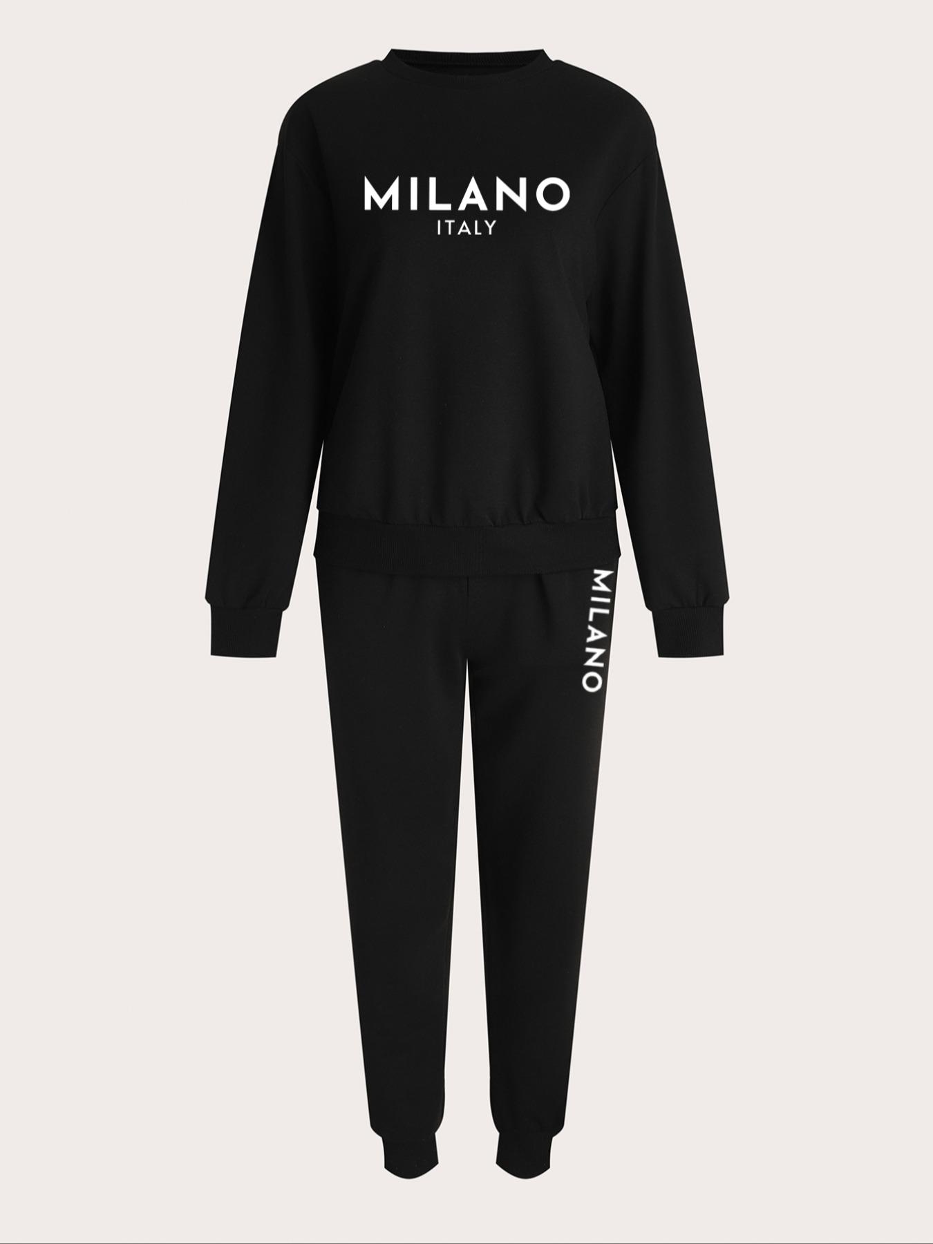 Women's 2-Piece Sweatshirt Set, Milano Letter Print, Long Sleeve Round Neck, Fitted, Drawstring Pants, Casual Fall Winter