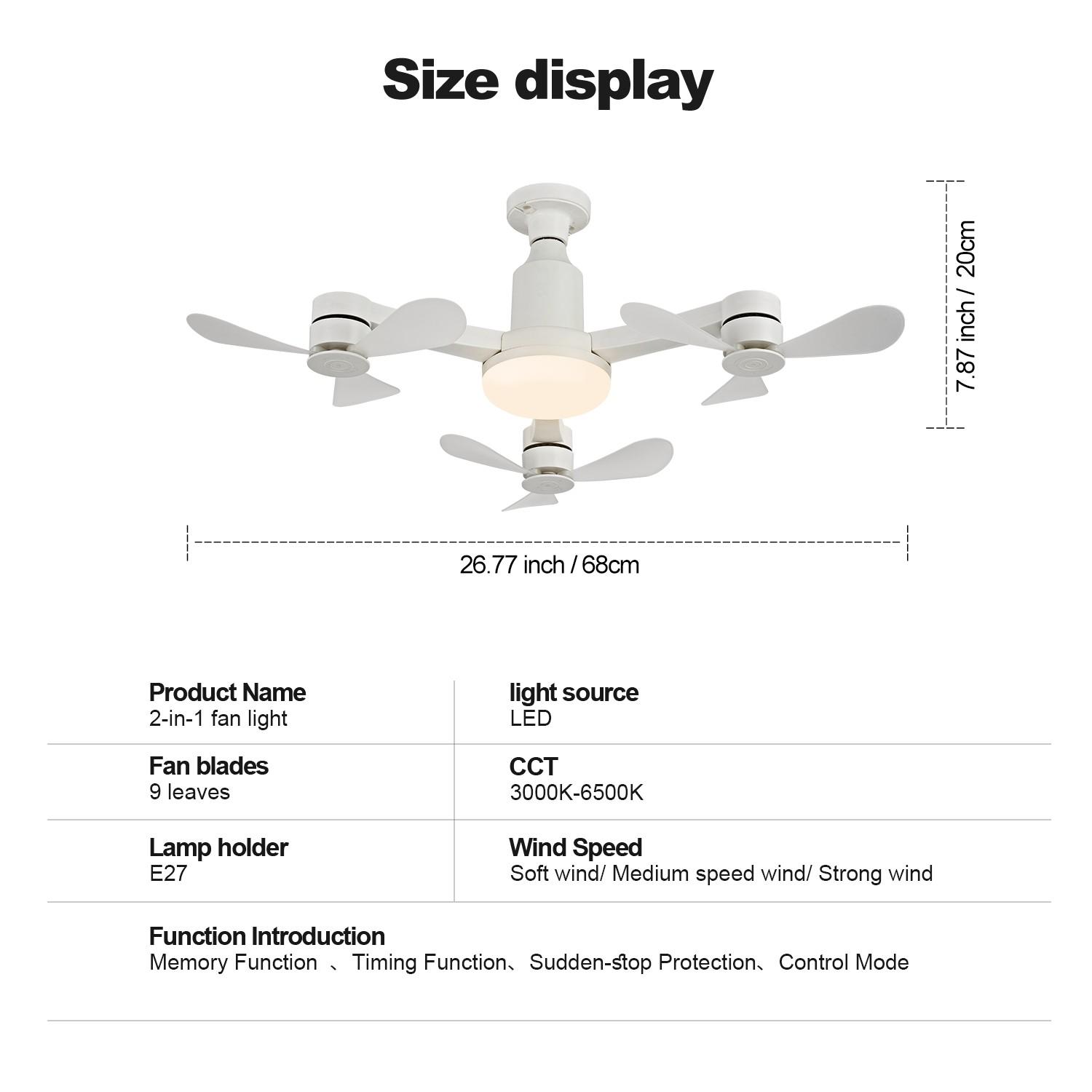 Ceiling Fan Light, E27 Socket, 3 Heads 9 Blades, Remote Control, Adjustable Brightness 3000k-6000k, 3 Speeds with Memory, Energy Saving