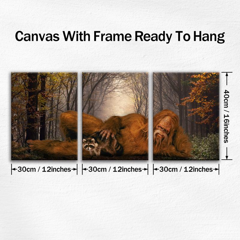 Wooden Framed Canvas Painting, 3 Counts/set Sasquatch & Animal & Tree Pattern Wall Art, Modern Wall Decor for Home Living Room Bedroom Office, Modern Home Decoration