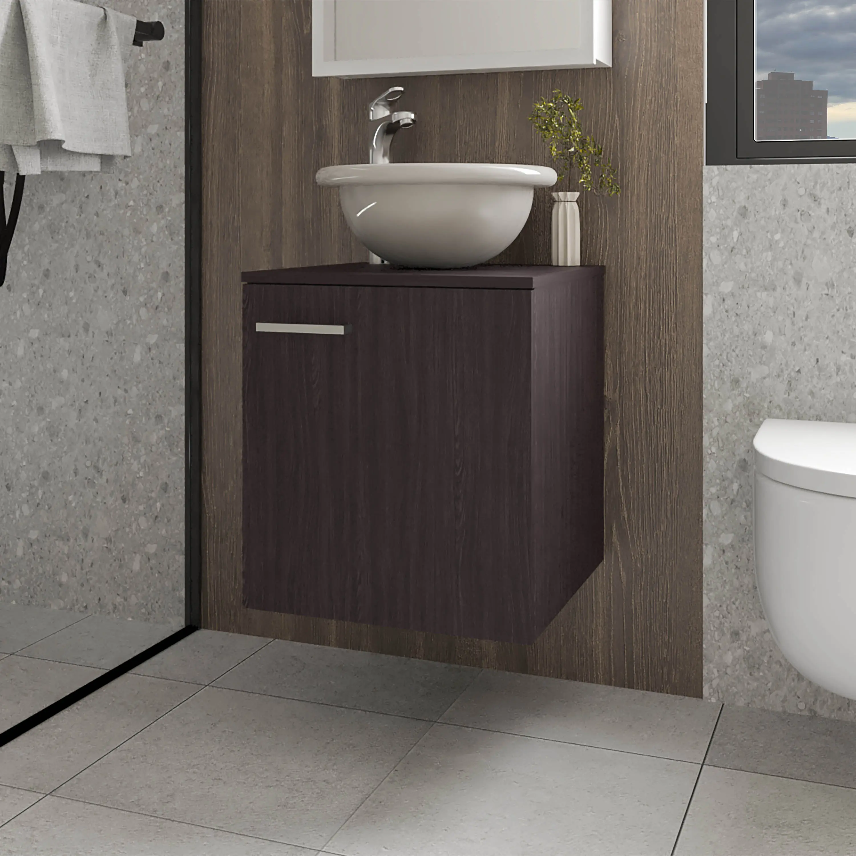Wall-Mounted Bathroom Vanity with Integrated Sink, Wenge Finish, Particle Board, 26 x 17.7 x 17.5 In, Modern Floating Design