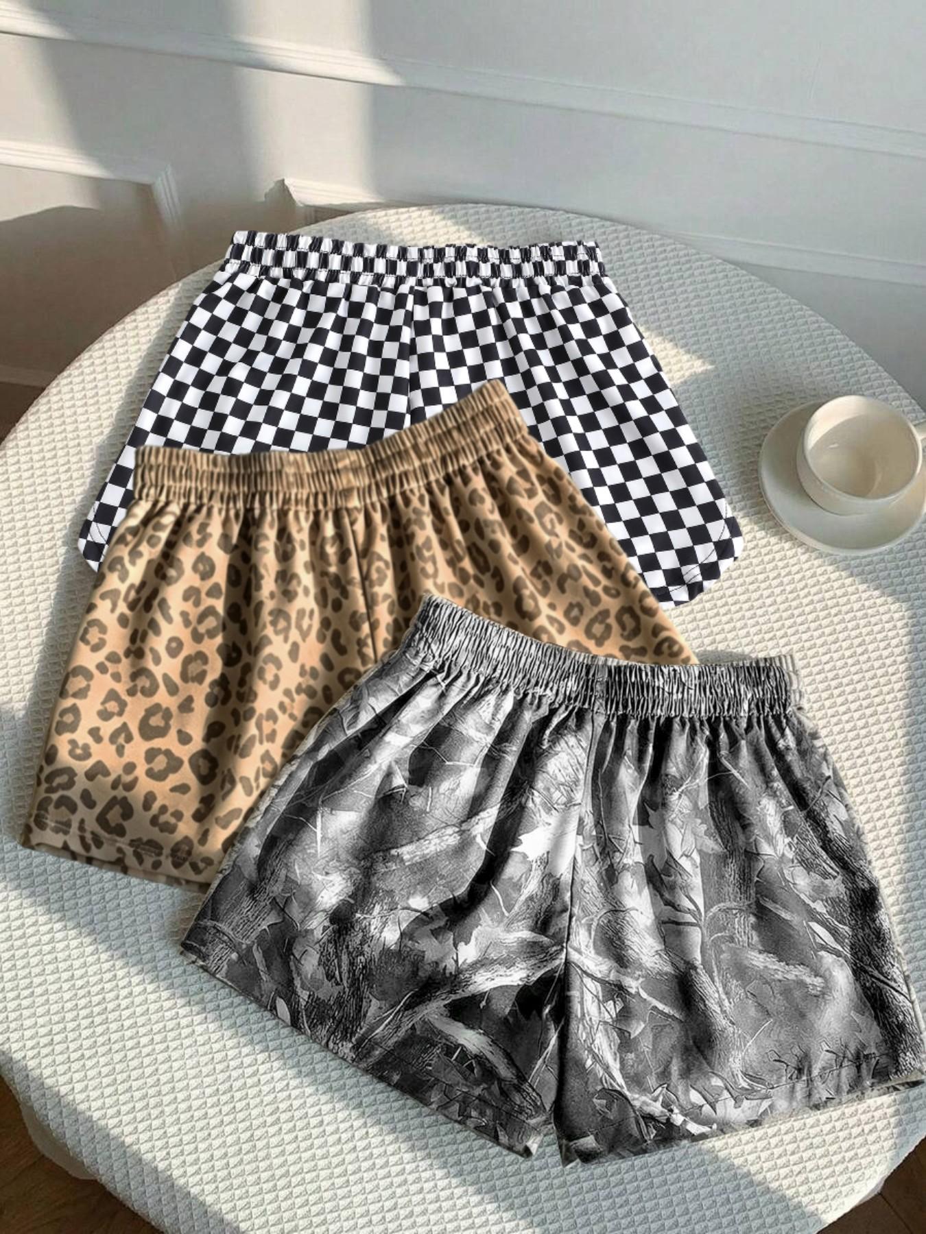 Women's Summer Leopard and Plaid Print Athleisure Casual Shorts, Comfortable Loose-Fit Athletic Bottoms for Yoga and Daily Activities