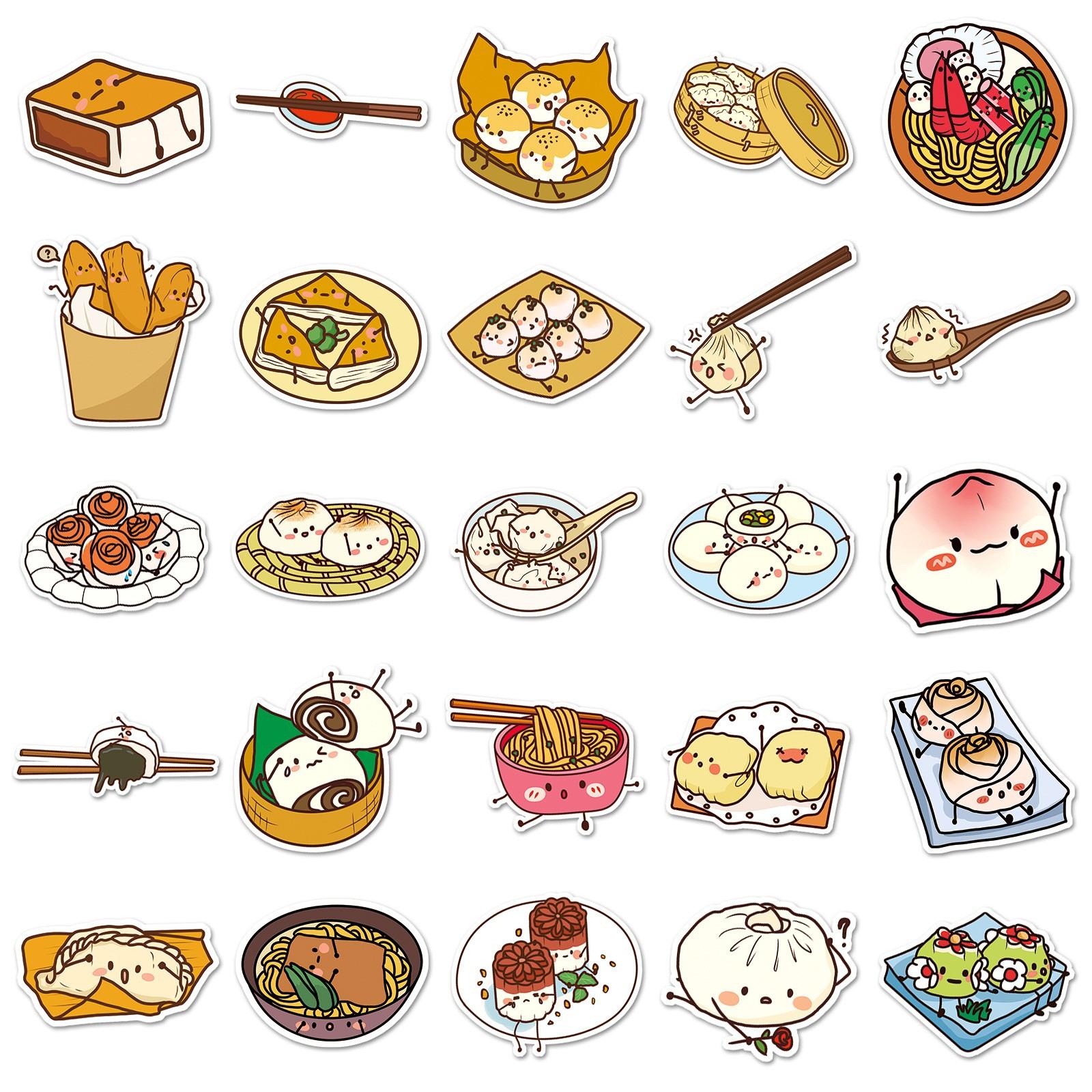 50 Pcs Food Stickers Set, Waterproof PVC Chinese Breakfast Stickers, Cute Cartoon Dumplings Baozi, for Phone, Mug, Notebook, DIY Gift Decor, Phone Decoration, Illustration Stickers