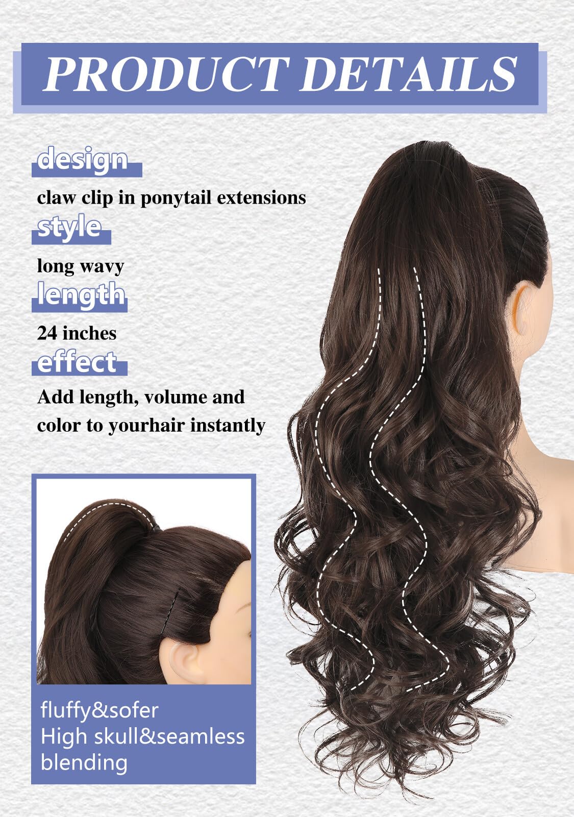 [ORSUNCER HAIR]Ponytail Extension 24" Long Curly Wavy Claw Clip in Ponytail Hair Extensions Curly Jaw Clip on Pony Tails Fluffy Hairpiece for Women Daily Party Use