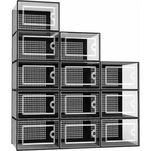 X-Large Durable Plastic Stackable Shoe Storage Boxes (12 Pack) - 10kg/22lbs Capacity, Dust-Protecting Modular Bins, Shoe Storage Solutions for Closet Organization to Get Organized (Black)