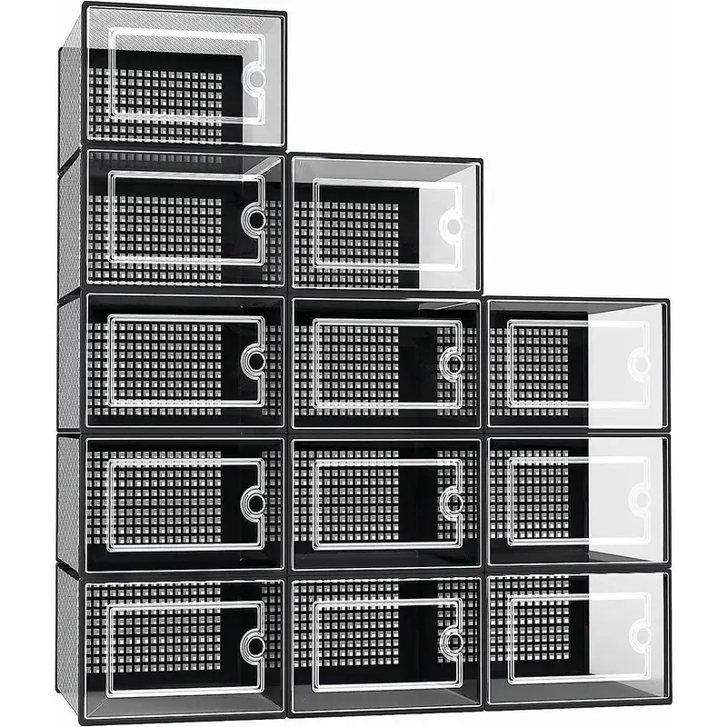 X-Large Durable Plastic Stackable Shoe Storage Boxes (12 Pack) - 10kg/22lbs Capacity, Dust-Protecting Modular Bins, Shoe Storage Solutions for Closet Organization to Get Organized (Black)
