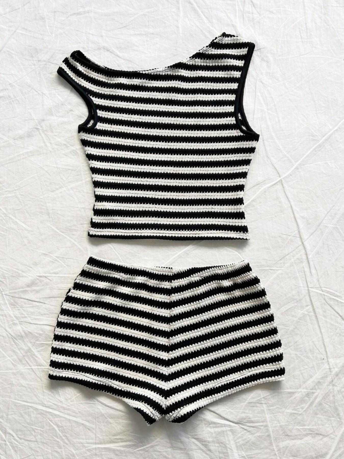 Striped Knit Asymmetrical Neckline Crop Top and Low Waist Tight Shorts Set, Perfect for Parties, Holidays, Beach, Cruise, Carnival, Easter, New Year