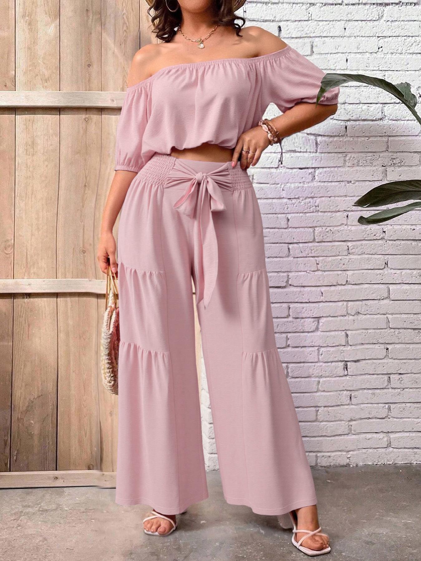 Summer Beach Vacation Bow Shoulderless Round Neck Shirt Wide Leg Pants Set, Casual Plain Design, All Seasons Wear, Women's Fashion