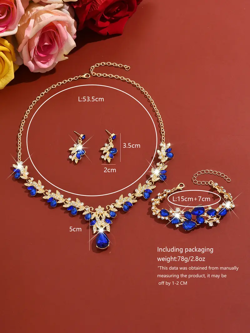 Eco-Friendly Fashion Jewelry Set - Shimmering, Stylish Flowers Crystal Water Drop Bridal Necklace, Earrings & Bracelet, Flowers Jewelry Sets, Shimmering Jewelry Sets