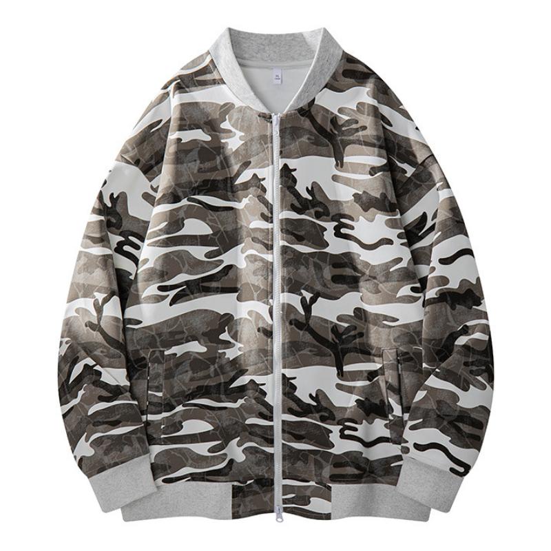 Men's Camo Black Longsleeve Zip-Up Baseball Collar Flying Jacket - Casual Street Outdoor Wear, Full-Front Zipper, Side Pockets, Loose-Fit Polyester Menswear Top for Spring, Autumn Daily Commute, Machine Washable