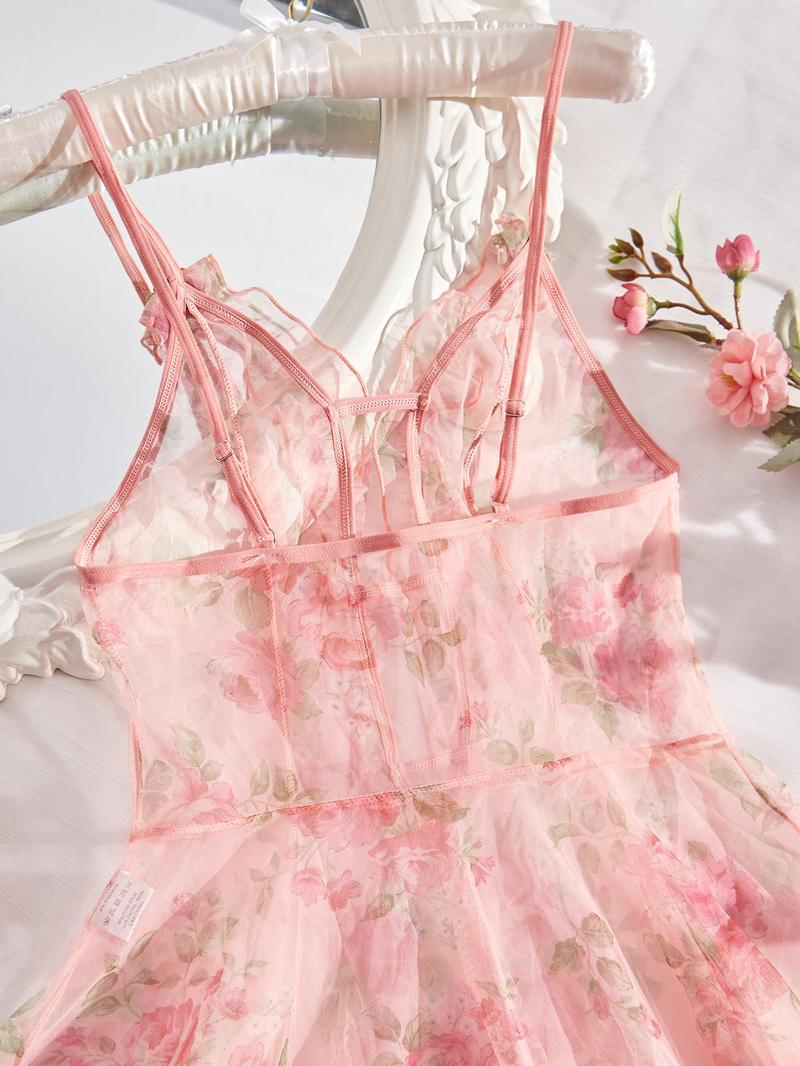 Plus Size Ditsy Floral Print Cut Out Frill Sheer High Low Ruffle Hem Sexy Cami Mesh Dress, Romantic Fashion Casual Sexy Outfits for Daily Outdoor Wear, Women's Plus Size Clothes for All Seasons